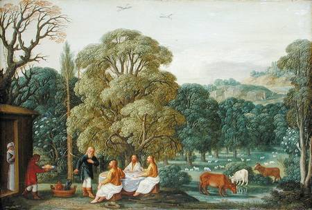 Abraham entertaining the Three Angels van Johann or Hans Konig