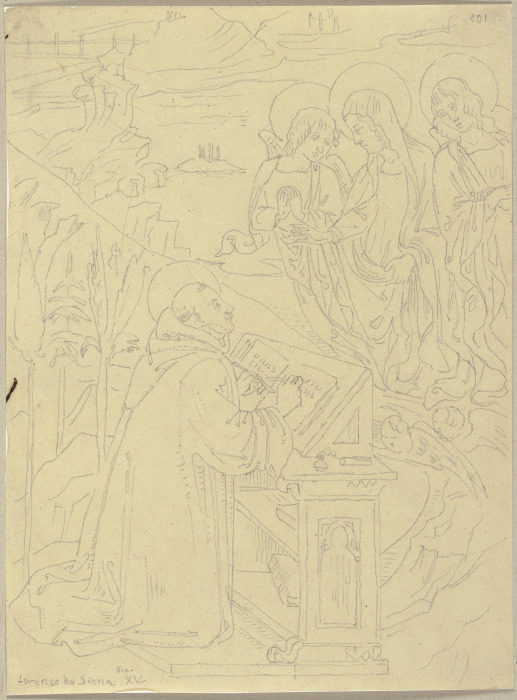Ein Heiliger am Schreibpult hat eine Vision von der von zwei Engeln begleiteten Maria van Johann Ramboux