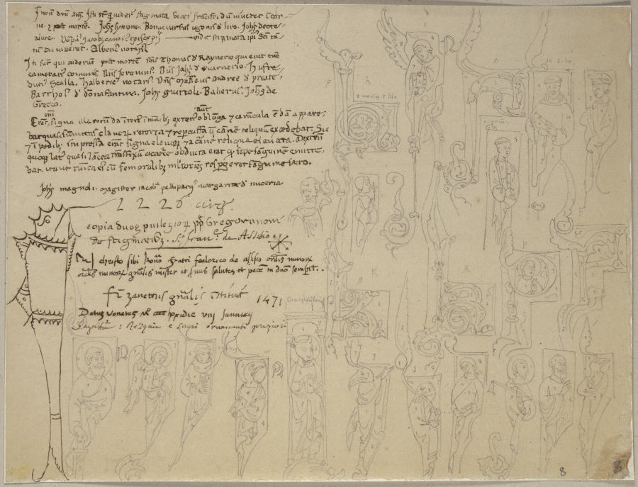 Initialen aus einem Buch aus dem Archiv zu Assisi sowie eine Nachschrift von Notizen zum Leben des h van Johann Ramboux