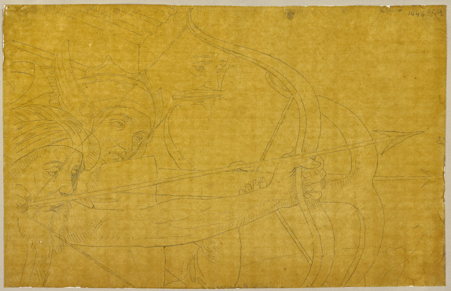 Zwei Schergen mit gespannten Bögen, Detail aus einem Gemälde von Giovanni Santi in der Bruderschafts van Johann Ramboux