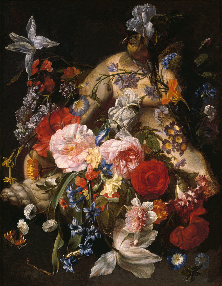 Stillleben mit Blumen in einer exotischen Muschel van Johann Rudolf Byss
