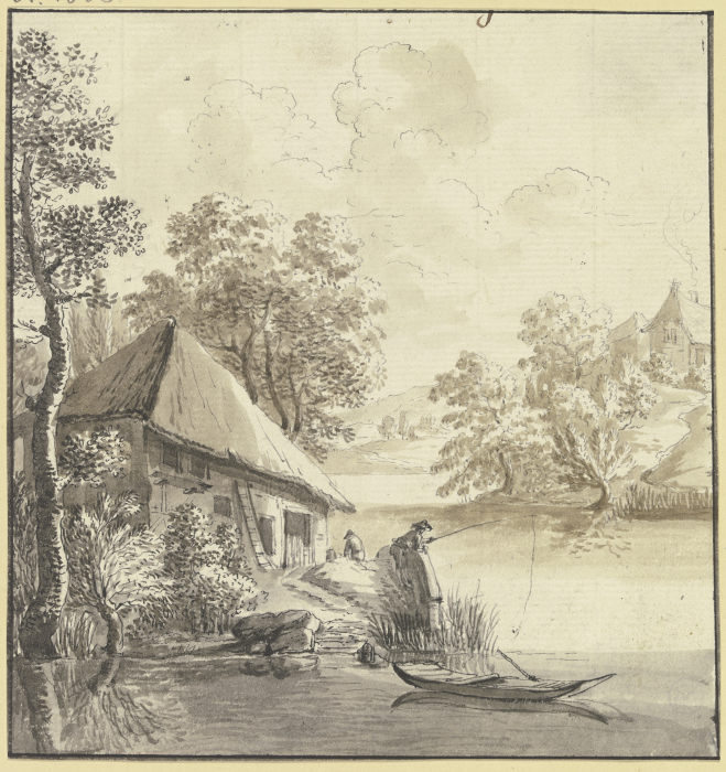 Bauernhaus am Wasser, davor ein Angler van Johann Ulrich Schellenberg