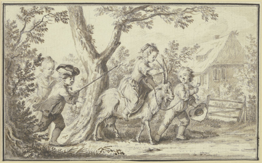 Unter Bäumen vor einem Haus lassen Kinder ein Mädchen auf einer Ziege reiten van Johann Ulrich Schellenberg