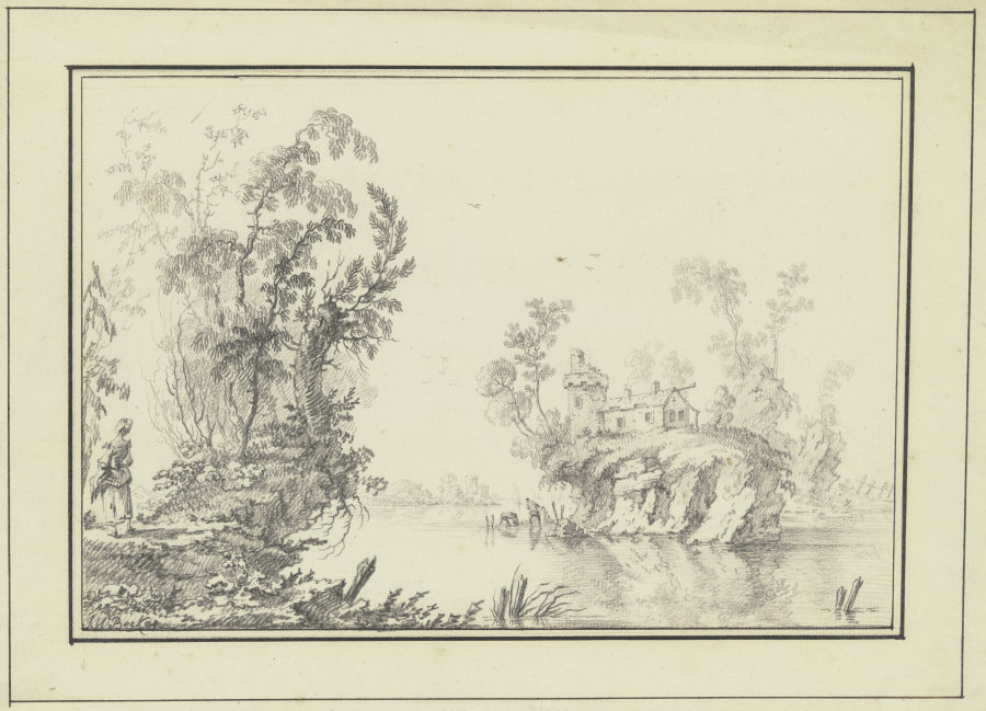 Ein Fluß, darin eine Felseninsel mit Turm, Haus und Bäumen van Johann Wilhelm Becker