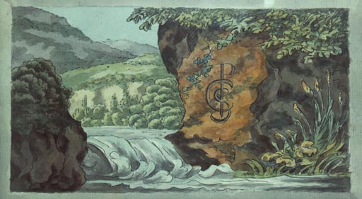 Berglandschaft mit Stromschnelle und Initialen der Empfaengerin des Stammbuches van Johann Wolfgang von Goethe