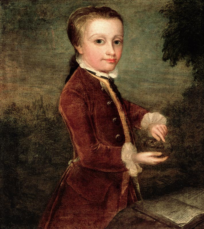 Portrait of Wolfgang Amadeus Mozart (1756-91) aged eight, holding a bird's nest van Johann Zoffany