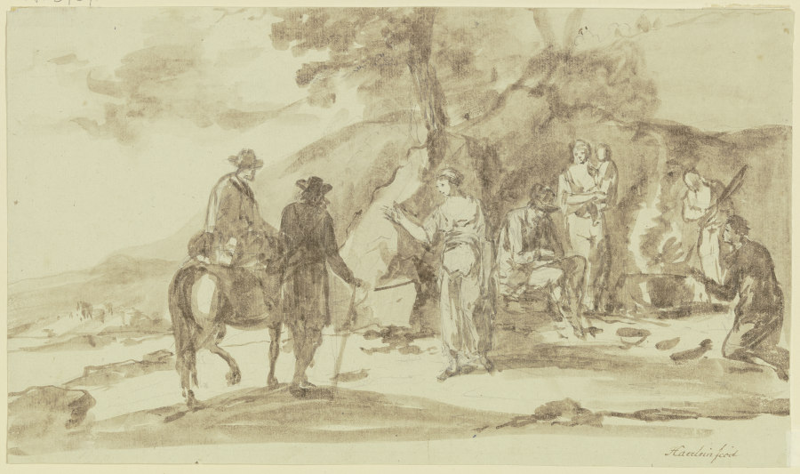 Rechts an einem Berghang eine Gruppe von vier Personen mit einem Kind bei einer Feuerstelle, links b van Johann Andreas Herrlein