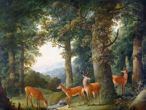 Waldlandschaft mit Rotwild van Johann Andreas Herrlein