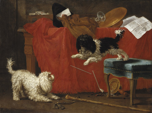 Stillleben mit zwei spielenden Schoßhunden van Johann Anton und Jodokus Matthias Kappers