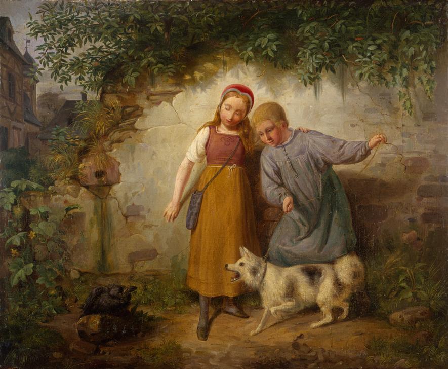 Zwei Kinder mit einem Spitz van Johann Baptist Zwecker