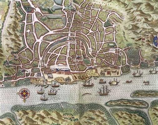 Map of the City and Portuguese Port of Goa, India, detail of port and merchant shipping, 1595 (engra van Johannes Baptista van, the Younger Doetechum