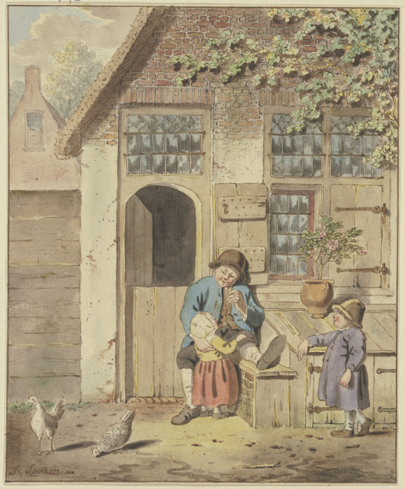 Vor einer Haustür sitzt ein Bauer mit zwei Kindern, dabei zwei Hühner van Johannes Christiaan Janson