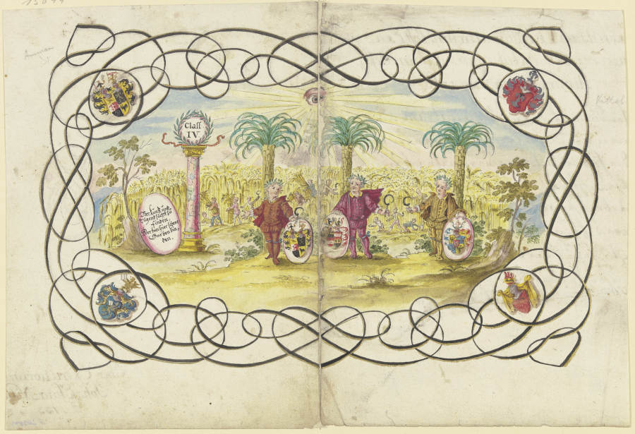 Drei Knaben, ein Wappen haltend, stehen unter Palmen vor einem Kornfeld, das abgeerntet wird van Johannes Esaias Nilson