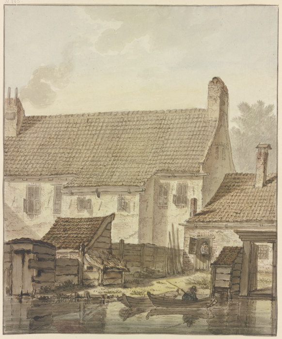 Häuserzeile am Wasser, vorne zwei Kähne mit einem Angler van Johannes Hendrik Knoop