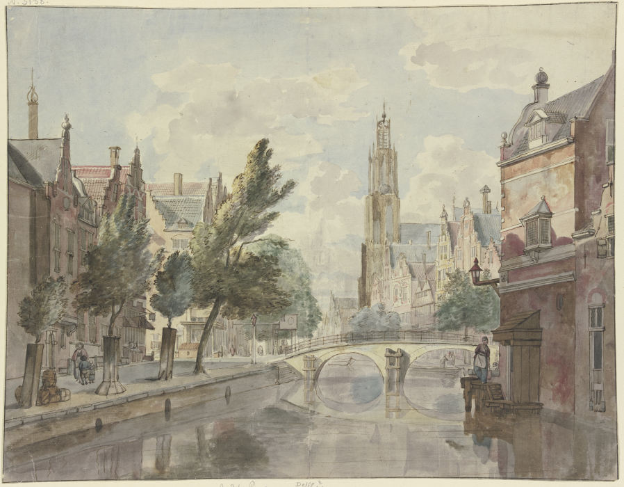 Steinbrücke über einen Kanal, im Hintergrund eine Kathedrale, rechts am Haus eine Laterne van Johannes Huibert Prins