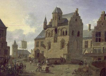 Town square with figures and peasants trading in a market place (panel) van Johannes Huibert Prins