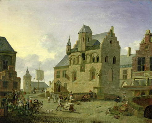 Town square with figures and peasants trading in a market place (panel) van Johannes Huibert Prins