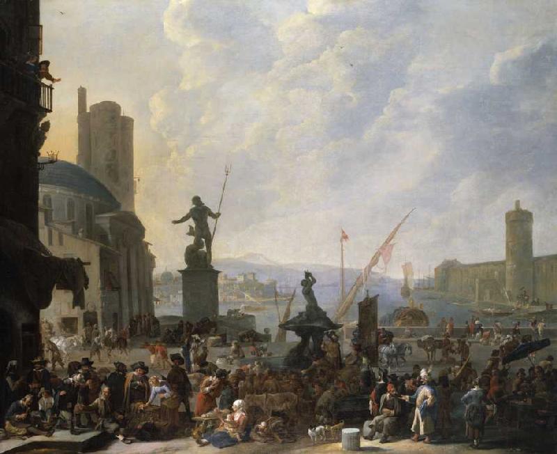 Ein Capriccio eines mediterranen Hafens mit zahlreichen Figuren, Berninis Triton-Brunnes und ein Cap van Johannes Lingelbach