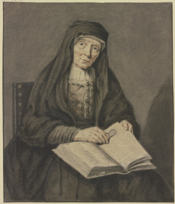 Sitzende alte Frau in einem Buch lesend, sie hält die Brille in der Hand, Kniestück van Johannes Pieter de Frey