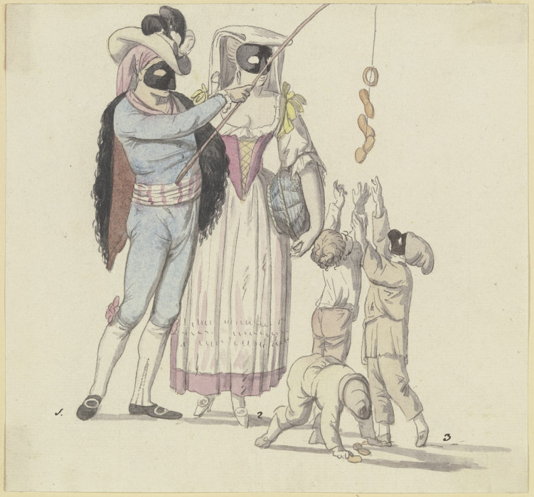 Maskenszene mit Fischer und Frascatanerin: Ein maskiertes Paar, der Mann mit einer Angel, an der Wür van Johann Georg Schütz