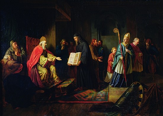 Vladimir Svyatoslavich the Great choosing the religion in 987 van Johann Leberecht Eggink