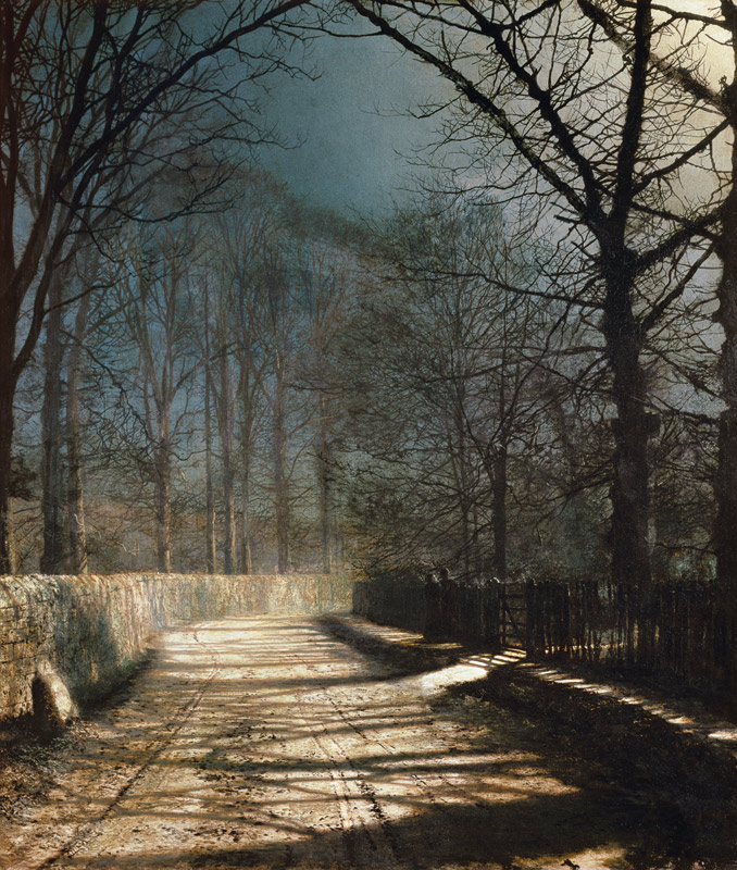 A Moonlit Lane, with two lovers by a gate van John Atkinson Grimshaw