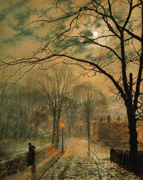 Herfststraat in de voorstad in het maanlicht  - John Atkinson Grimshaw van John Atkinson Grimshaw