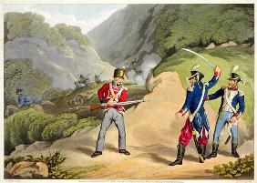 A British Soldier Taking Two French Officers at the Battle of the Pyrenees, engraved by Matthew Dubo