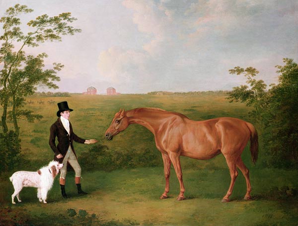 A Gentleman with a White Dog and a Chestnut Mare in a Landscape van John Boultbee