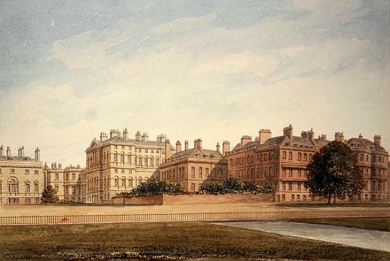 The Treasury and houses in Downing Street from St. James''s Park van John Buckler