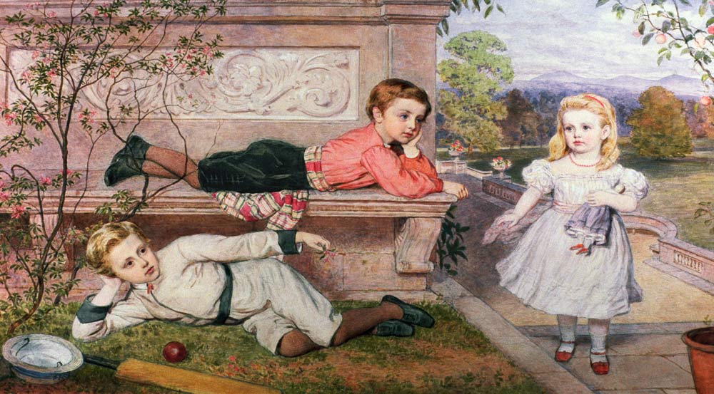 The Farrer Children, Gaspard, Henry and Cecilia in the Gardens of a Country House in Berkshire van John Collingham Moore