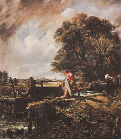 Ein Boot passiert eine Schleuse van John Constable