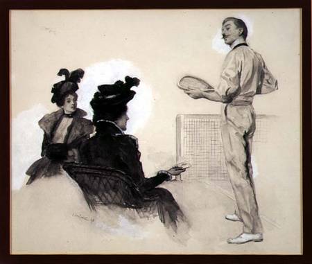 'It was Out!', Two Women Watching a Man Play Tennis, 1898 (gouache, pen and van John da Costa