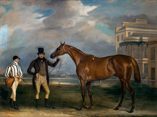 General Chasse, a chestnut racehorse being held by his trainer, with his jockey, J. Holmes standing van John E. Ferneley d.J.