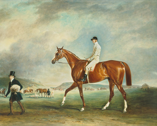 "The Cur" chestnut racehorse with jockey up on Newmarket Heath van John E. Ferneley d.J.
