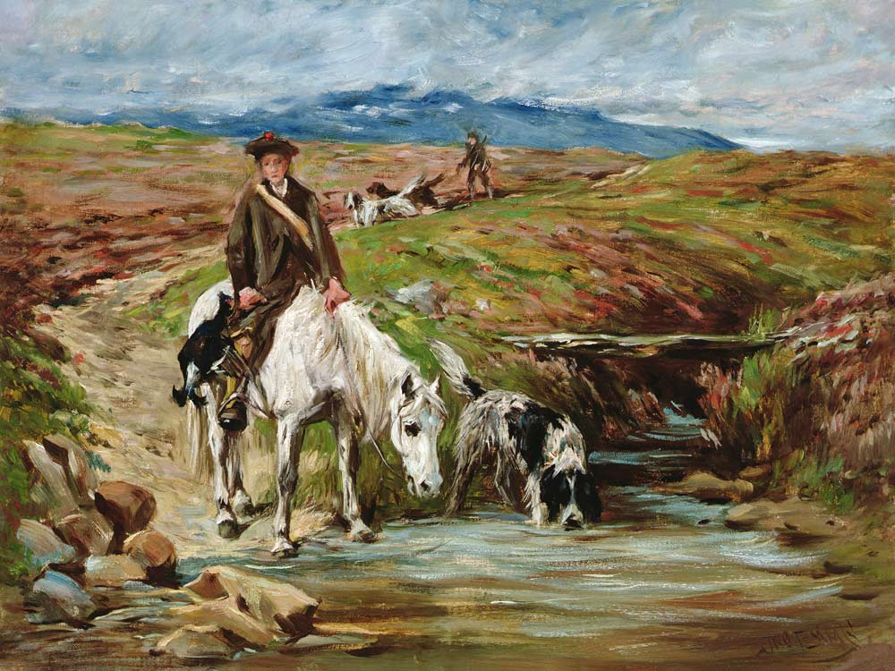 Horse and Spaniel Drinking from a Stream van John Emms