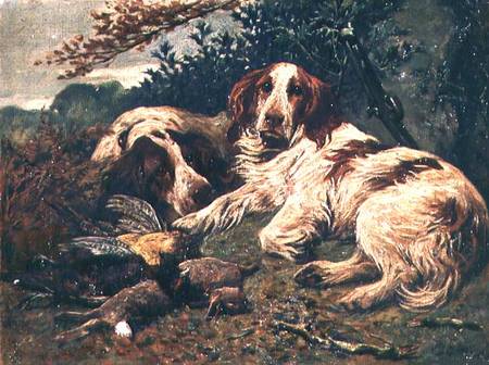 A Pair of Liver and White Clumber Spaniels by the Day's Bag van John Emms