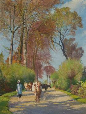 Country Lane with Figure and Cow
