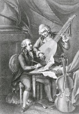 Portrait of Franz Joseph Haydn (1732-1809) and Wolfgang Amadeus Mozart (1756-91) composing music for