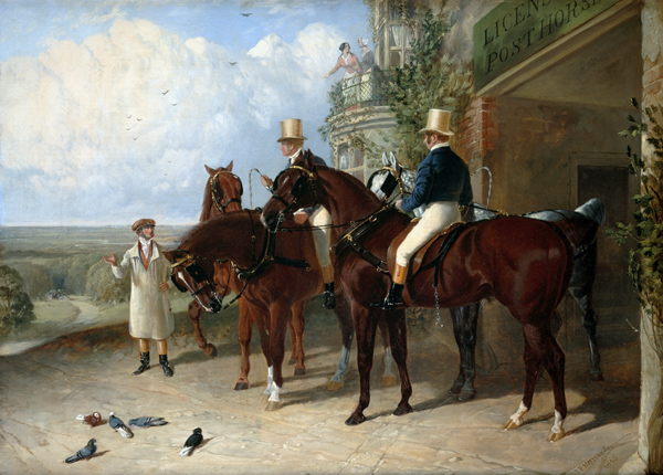 Postillons auf ihren Pferden in Erwartung einer Postkutsche van John Frederick Herring d.Ä.