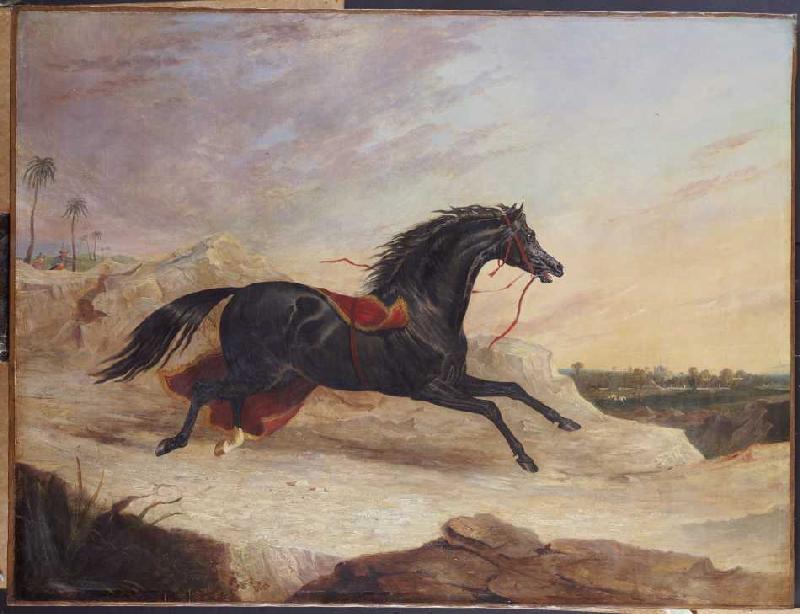 Araber jagen ein ausgerissenes arabisches Pferd van John Frederick Herring d.Ä.