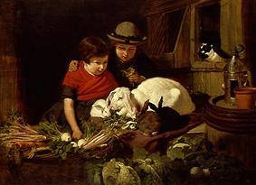 Kinder mit Kaninchen van John Frederick Herring d.Ä.