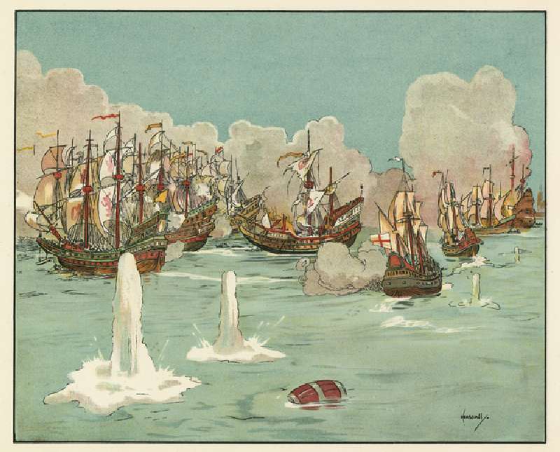 The first days fighting with the invincible Armada (colour litho) van John Hassall