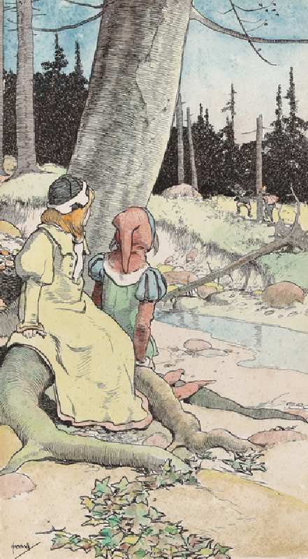 The Babes in the Wood, c.1900 (w/c, pen & ink on paper) (detail of 244428) van John Hassall