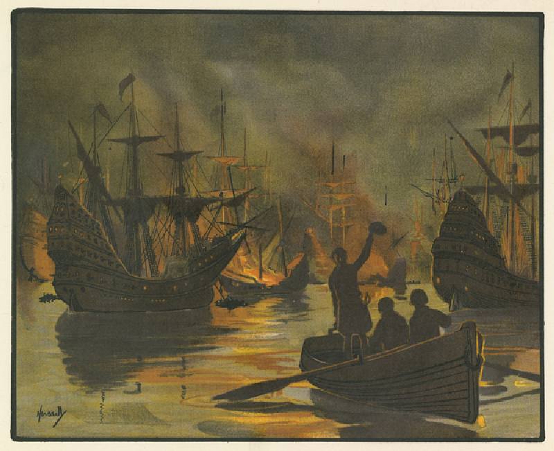 The invincible Armada attacked by fire ships (colour litho) van John Hassall