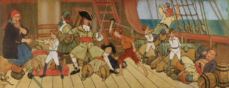The Lost Boys in Combat with the Pirates and Peter in the Final Duel with Captain Hook, illustration van John Hassall