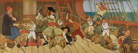 The Lost Boys in Combat with the Pirates and Peter in the Final Duel with Captain Hook, illustration