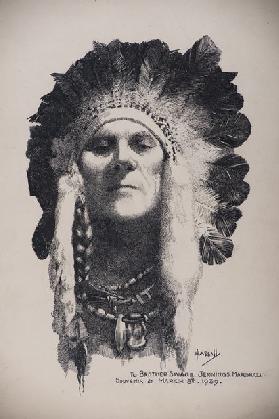 Self Portrait with Indian headdress, 8 March 1939 (pen & ink on board)