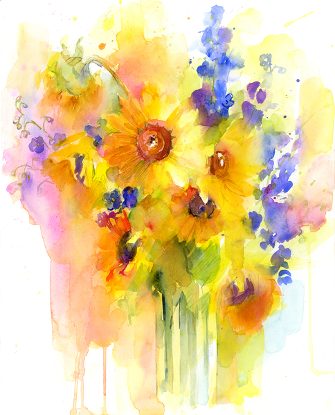 Sunflowers and delphinium van John Keeling