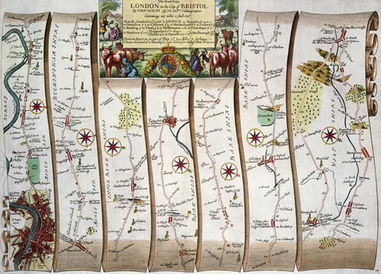 Road from London to Bristol, from John Ogilby's 'Britannia', published London, 1675 (hand-coloured e van John Ogilby